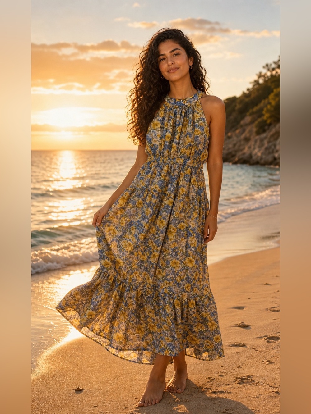 MNG Yellow and Blue Floral Maxi Dress, size US 8